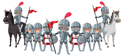 A group of medieval knights on white background