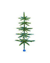 Artificial Christmas tree green on a stand isolated on a white background. Fir. Pine tree. An evergreen tree. Hand drawing. Watercolor illustration