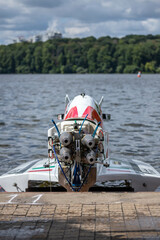 Hydro GP championship in boating. Four cylinders. High-speed water transport. Competitions on motor...