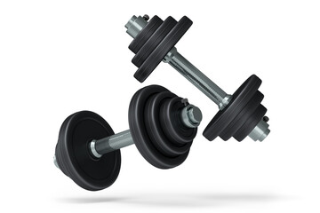 Pair of dumbbells with black disks isolated on white background