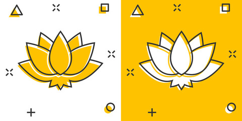 Fototapeta na wymiar Lotus icon in comic style. Flower leaf cartoon vector illustration on white isolated background. Blossom plant splash effect business concept.