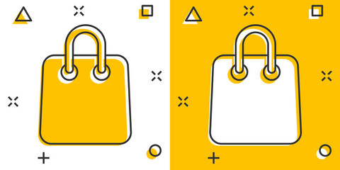 Shopping bag icon in comic style. Handbag cartoon sign vector illustration on white isolated background. Package splash effect business concept.