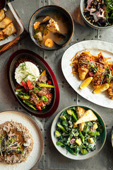 Top view on variety of different gourmet dishes