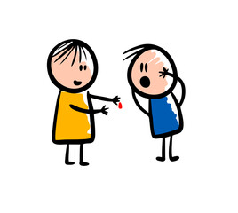 Two doodle people looking on bleeding fingure.