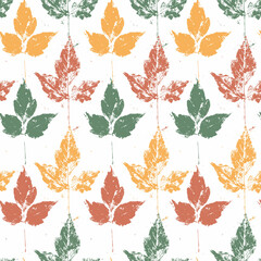 Seamless pattern with autumn leaves in natural shades. Colored leaves with a grunge texture on a white background.