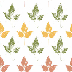 Seamless pattern with autumn leaves on a white background. Leaves with a grunge-style texture. Vector