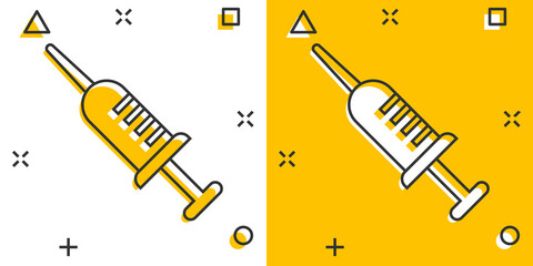 Syringe icon in comic style. Inject needle cartoon vector illustration on white isolated background. Drug dose splash effect business concept.