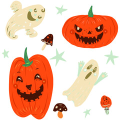 Halloween set with pumpkins, stars,ghost and mushrooms.