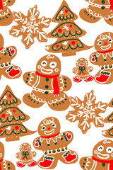 Christmas seamless pattern with cookies, Christmas tree, gingerbread man, snowflakes.