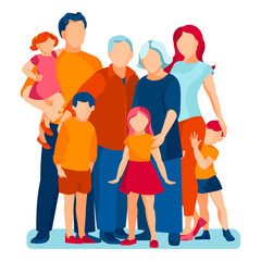 Flat Vector concept of happy family. Kids parents and grandparents are together.Illustration isolated on white background.
