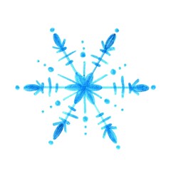 Blue snowflake on a white background. Isolated, watercolor hand painted illustration