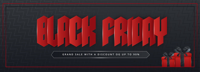 Sale Banner Or Header Design With Red Paper Cut Black Friday Text And Gift Boxes On Dark Gray Zigzag Stripe Background.
