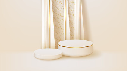 White podium display product and sparkle golden line scene, Realistic 3d luxury style background, vector illustration for promoting sales and marketing.