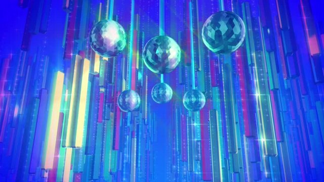Glittering chandeliers for a modern dance backdrop. Abstract background. The bottom view of the chandeliers in the dance room. Ball or disco. The video is ready to loop.