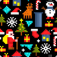 Fototapeta na wymiar Seamless merry christmas pattern with pixel cartoon characters.