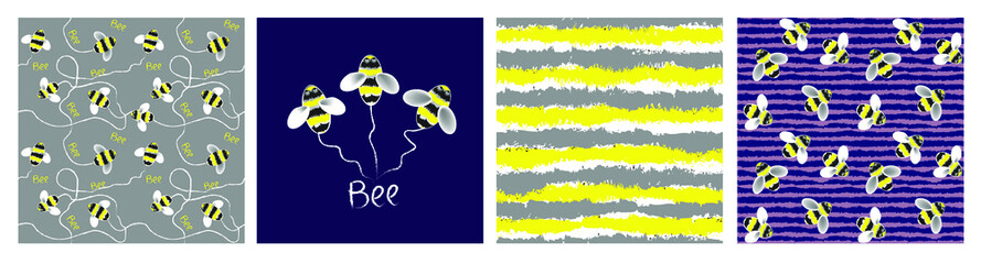 Sweet and honey bees Seamless pattern set for textile