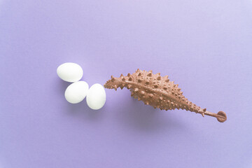 Creative minimal concept of brown dinosaur and white eggs.