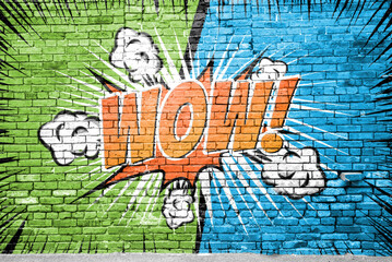 Wow! Comic Style Graffiti Lettering on Brick Wall Cartoon - obrazy, fototapety, plakaty