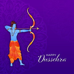 Happy Dussehra Concept With Hindu Mythological Rama Aiming From His Weapons On Purple Mandala Pattern Background.