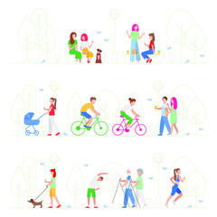 People in the park. Sports in the park. Walk in the park. Flat illustration of people.
