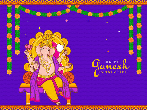 Happy Ganesh Chaturthi Celebration Concept With Lord Ganesha Statue And Floral Garland On Purple Zigzag Lines Background.