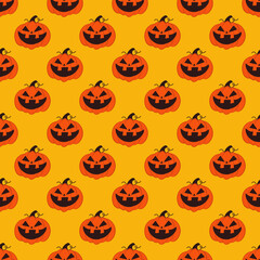 Cute pumpkin with carving face vector halloween seamless pattern on an orange background