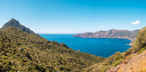 Panoramic view over the Gulf of Girolata on the west coast of Corsica