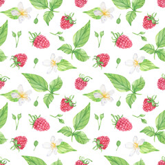 Seamless pattern of raspberry watercolor, juicy berry background. Summer print. Vitamins, jam, wrap, organic, diet, delicious. Perfect for fabric, digital paper, wallpaper.
