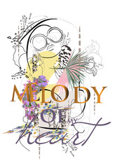 Melody of my heart slogan design with heart decorated with colorful mosaic. Female style. Handwritten lettering quote, slogan or saying. Hand drawn vector illustration. 