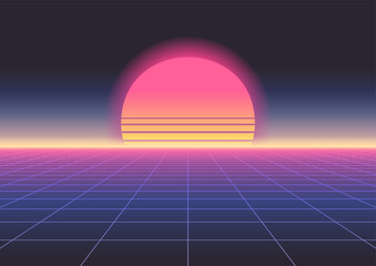 Sun, sunset, sunrise. Retrowave, synthwave, rave, vapor wave, cyberpunk party background. Light grid landscape. Retro, vintage 1980s, 1990s. Black, purple, pink, blue neon colors. Banner, print