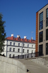 Modern new houses, buildings in Kalamaja district. Cloudless sunny day with blue sky. Summertime, July. Tallinn, Estonia, EU