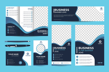 Elegant Abstract Blue Business Stationery Template set for Company Brand. Trifold brochure, Web banner, Roll up banner, Flyer, Business Card, Name Card, Id. Corporate printable layout with CMYK design
