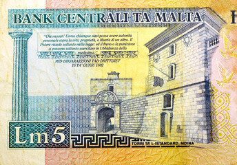 Reverse side of 5 five Maltese lira banknote currency issued 1989 by the central bank of Malta,...