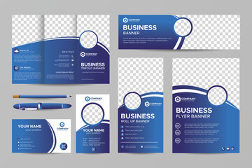 Elegant Abstract Blue Business Stationery Template set for Company Brand. Trifold brochure, Web banner, Roll up banner, Flyer, Business Card, Name Card, Id. Corporate printable layout with CMYK design