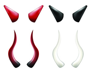 Devil horns vector illustration set. Red, Black and white horn collection. Demon horns isolated.