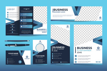 Elegant Abstract Blue Business Stationery Template set for Company Brand. Trifold brochure, Web banner, Roll up banner, Flyer, Business Card, Name Card, Id. Corporate printable layout with CMYK design