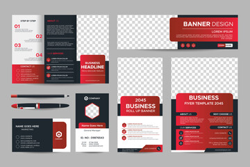 Elegant Black and Red Business Stationery Template set for Company Brand. Trifold brochure, Web banner, Roll up banner, Flyer, Business Card, Name Card, Id. Corporate printable layout with CMYK design