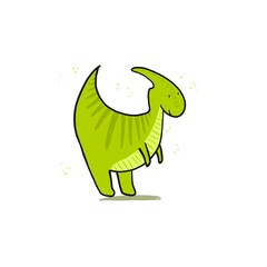 Cute sketch hand drawn green color parasaurolophus illustration. Bright cartoon childish funny dinosaur for kids print design, textile decoration, greeting cards, dino stickers, logo