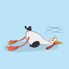 Сute seagull is tired lying dizzy character illustration