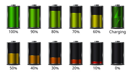 Set of battery charge level indicators. Objects are isolated on white background. Battery charging. Vector illustration.	
