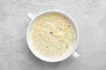 Overhead view of lean bulgur porridge in a bowl.