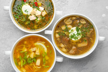 Top view of three kinds of healthy soup
