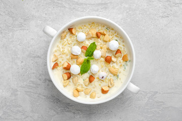 Overhead view of sweet bulgur porridge in a bowl.