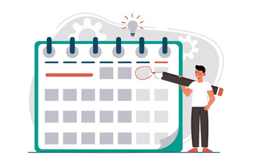 Manager planning event landing page in flat style. Man with pencil appointing date of event and making note in calendar. Vector illustration for schedule, agenda, time management