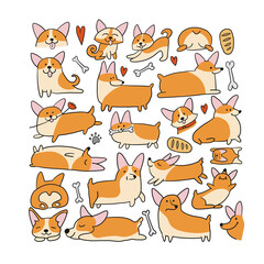 Corgi dogs set. Funny Puppies collection. Sketch for your design