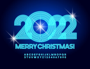Vector neon Greeting Card Merry Christmas 2022! Blue glowing Font. Electric maze Alphabet Letters and Numbers set