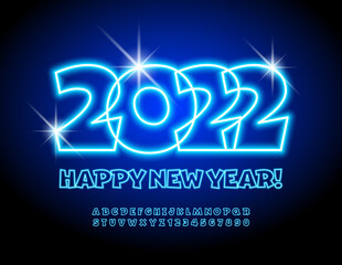 Vector blue Greeting Card Happy New Year 2022! Electric light Font. Neon Alphabet Letters and Numbers set