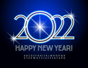 Vector Bright Greeting Card Happy New Year 2022! Blue Neon Font. Modern Electric Alphabet Letters and Numbers set
