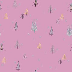 forest doodles pattern on pink background, minimalistic pattern with winter trees hand drawn brush stroke