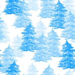 Fir forest seamless winter pattern. Blue watercolor spruce. 
